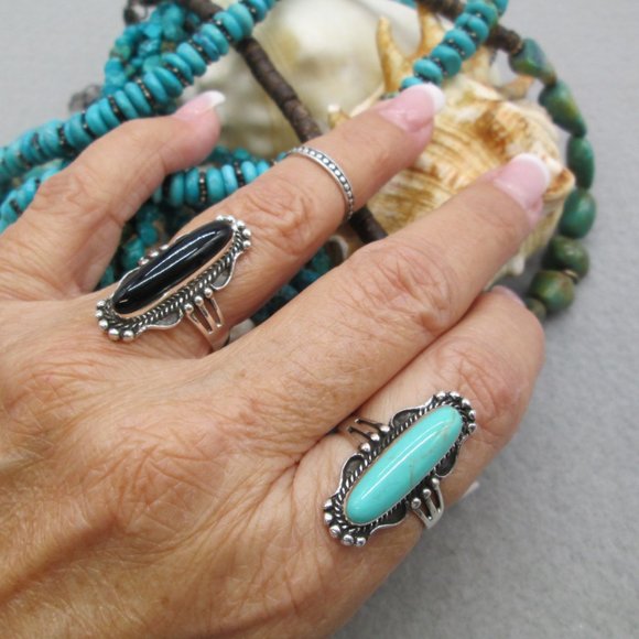 Native American 925 Sterling & Turquoise Elongated Oval Ring, Turquoise Ring - Picture 3 of 13